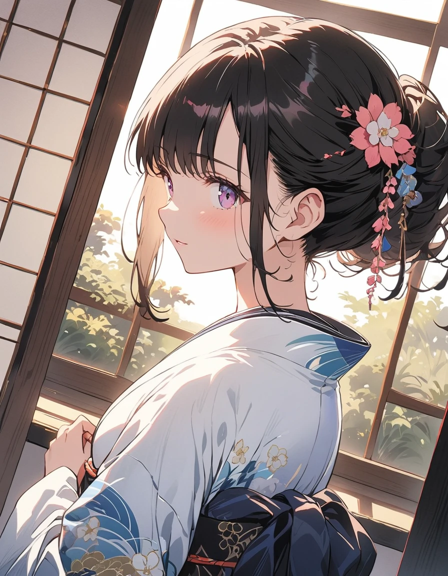 In a Japanese-style room, reminiscent of a ukiyo-e painting, BREAK a woman elegantly fans herself, the gentle breeze adding to her grace.(highest quality、masterpiece、High resolution、detailed)、animeスタイル、Flat Style、(Beautiful Eyes, Delicate and beautiful face、Glowing Skin), BREAK,extremely detailed、Cinematic lighting、High saturation,floating、Dynamic Angle、anime