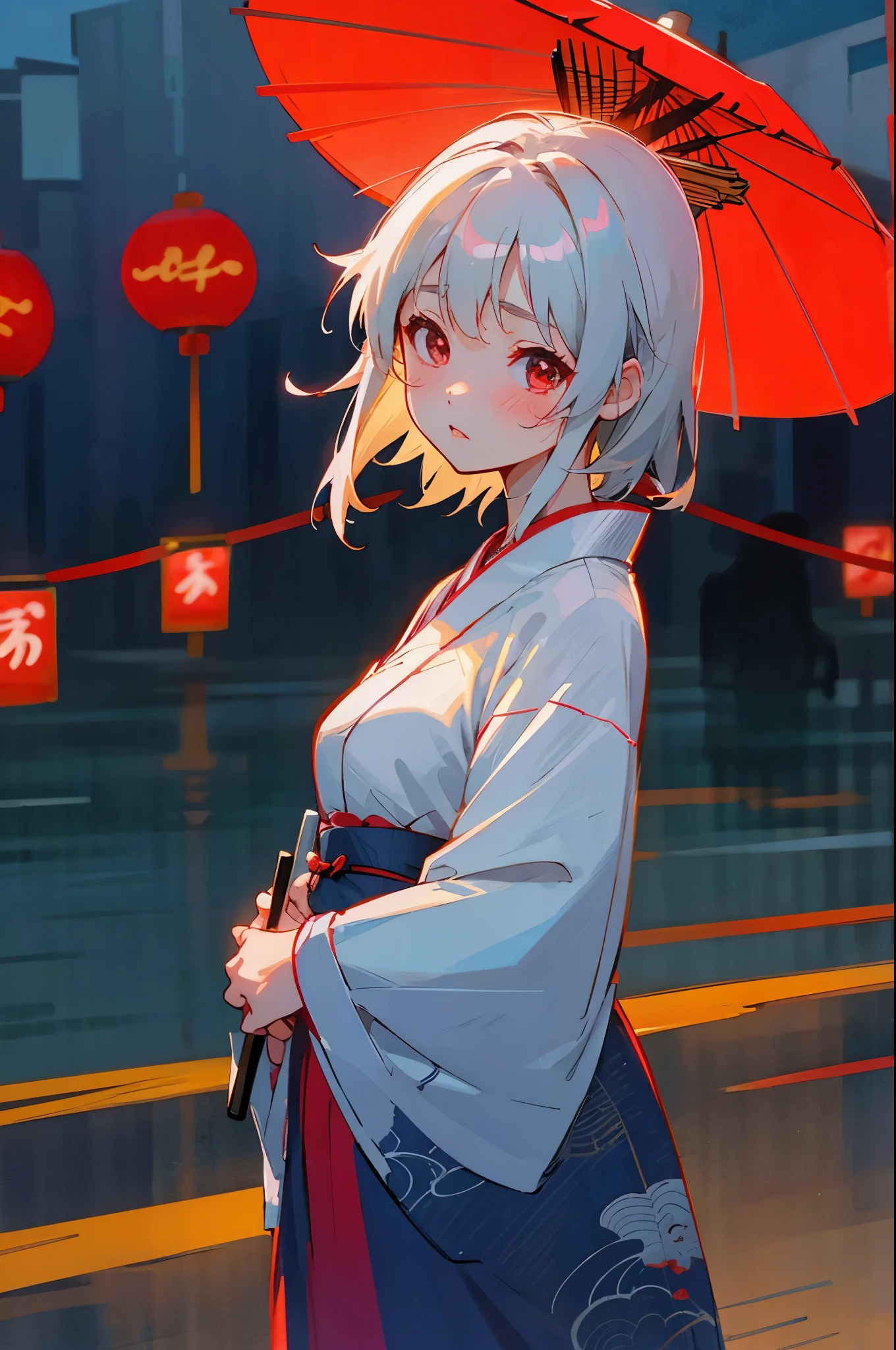 Anime Girls。kimono。Good color。Perfect Shadow。Neon Town。The End of the World。Silver Hair。Medium Hair。Chinatown。night。moon