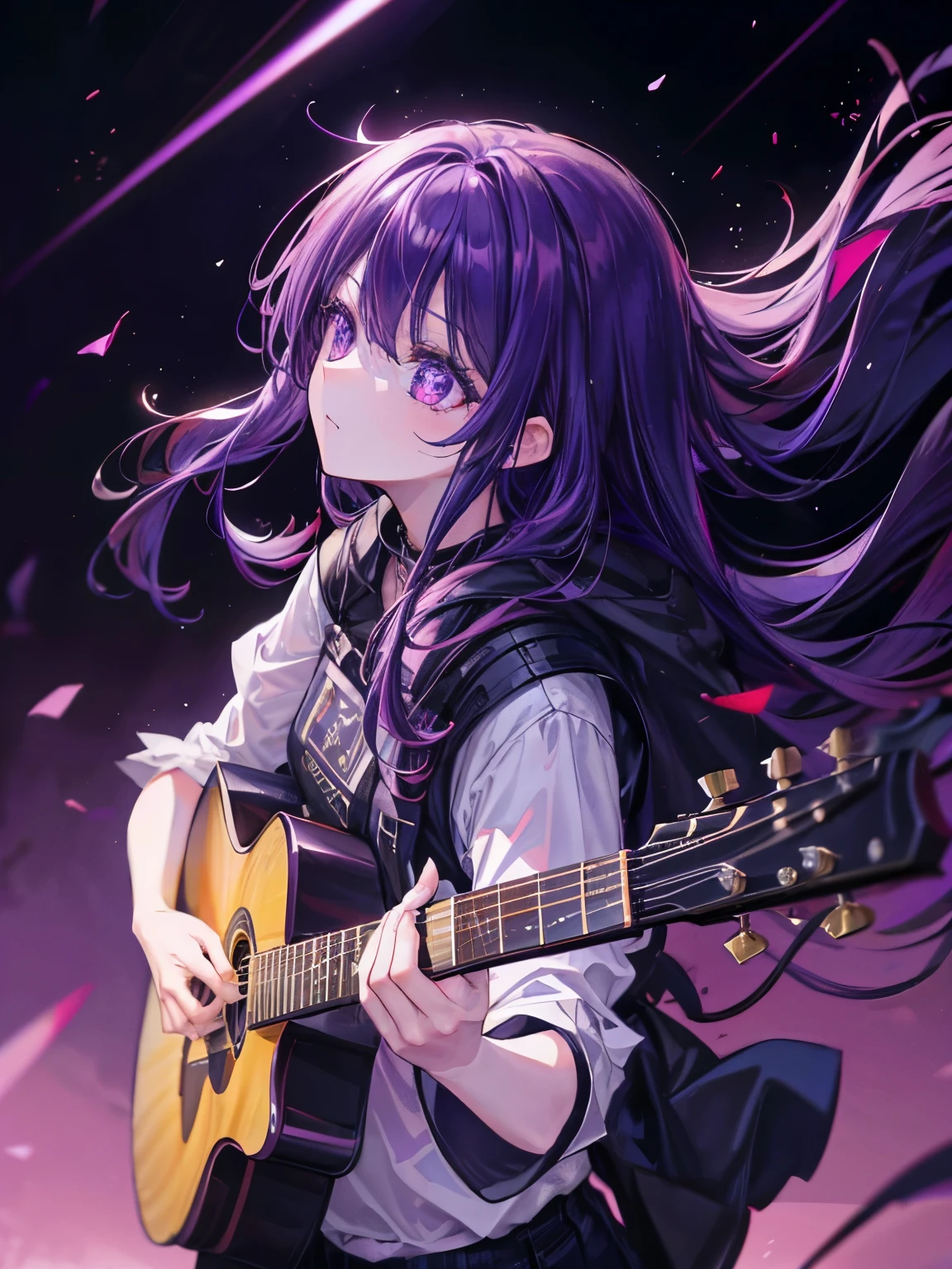 look up, Purple Hair, Purple eyes, Shining Eyes, Sniper rifle, Long hair blowing in the wind, Perfect composition, 8k、Playing guitar、live、