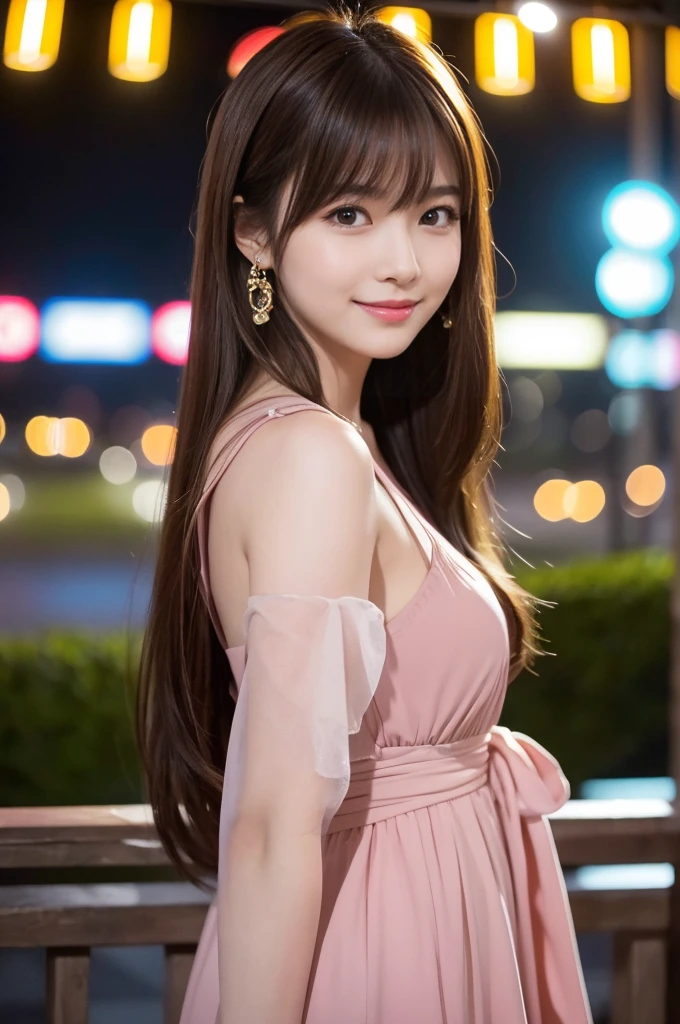 masterpiece、1 beautiful girl、Detailed eyes、Puffy eyes、highest quality, 超A high resolution, (reality: 1.4), Cinema Lighting、Japanese、Asian Beauty、so beautiful、Beautiful Skin、thin、Body facing forward、(超reality的な)、(High resolution)、(8k)、(Very detailed)、(beautiful Detailed eyess)、(Very detailed)、 (wall-)、Detailed face、Bright lighting、Professional Lighting、Looking at the audience、Look straight ahead、spring fashion、Long Hair, Asymmetrical bangs, 、Night view、Brown Hair、Japanese Idols、Korean Idols、Fiery idol pose、、23 years old、expensive, smile, Fukuoka City、Park scenery、