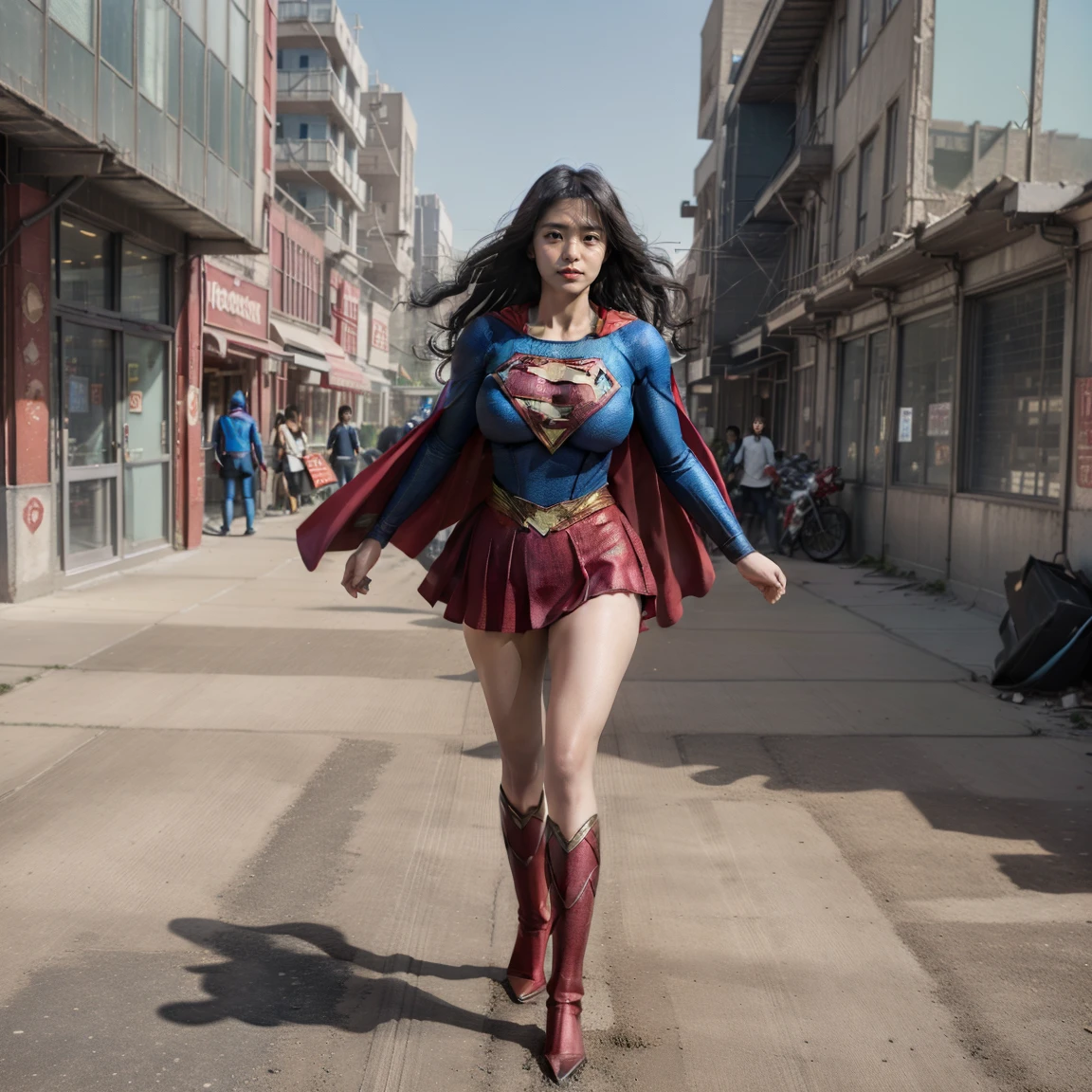 cgi image of a futuristic red, white, pink superwoman ((superman logo)), ((big medium breasts)), serious, very curvy, flying though city streets dirt, rocks, motion. Background a dystopian city in ruins
,supergirl,wearing supergirl_cosplay_outfit