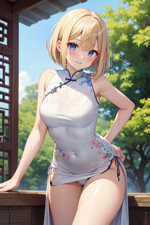 (masterpiece,highest quality,超A high resolution),Japanese women, (((Very beautiful 18 year old girl))), pretty girl、Look at the photographer、 ((Beautiful blonde bob hair)), Very cute face, Glossy Lips, Double eyelids on both eyes, blue eyes, Natural smile、 Natural Makeup, Long eyelashes, Shiny and smooth hair、Center image, Perfect limbs, Perfect Anatomy,(((Shiny Chinese Dress white panties))),undressing panties,Pull your pants down to your knees、、There is a potch on the chest、Wet with sweat,Cowboy Shot,
