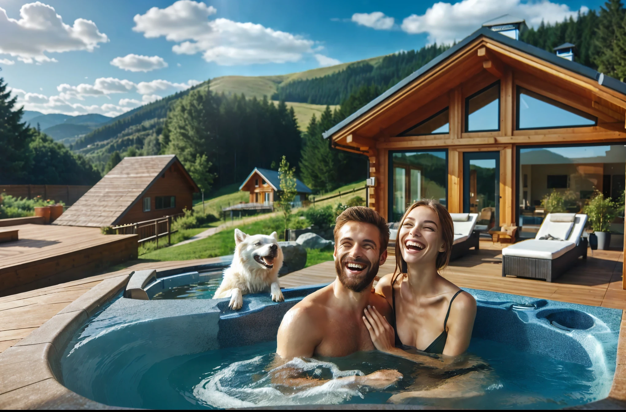 happy woman and man relaxing in a whirlpool in front of a modern cottage surrounded by trees and hills in the background. Next to the whirlpool is a dog laughing at the camera. The image radiates an atmosphere of relaxation and well-being. Bright summer sunny day.