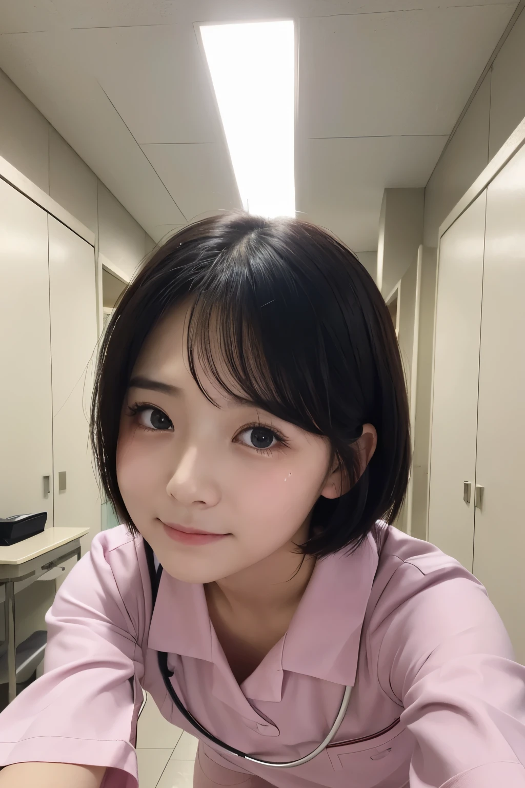 (1 Girl)、(Beautiful Japanese、18years old,round face、Refreshing、clear、seems kind、stylish、Pitiful、cute like an angel、cute、black eyes、,actress,Almond-shaped eyes), Good style , (Beautiful big breasts:1.0),(soft breasts),(very cute),(Black hair),(short bob hair),(enchanting eyes),(highlight on eyes:1.2)、(8K、Live shooting、highest quality、masterpiece:1.2、optimal lighting)、((masterpiece)),(Photo taken by a professional photographer),(real、photo real:1.4),break,{ (pink nurse costume),(((taraditional nurse uniform))),(pink nurse mini skirt),(( pantyhose)),(cleavage:0.7)},(Crying jaw:1.3),(tears:1.2),(cheeks are red:1.2), break, break,Hospital,Face shot:1.3、Hospital corridor、Looking at viewer, face close-up,from below,(Both eyes closed)