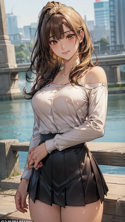 (masterpiece:1.2, top-quality), (realistic, photorealistic:1.4), beautiful illustration, (natural side lighting, movie lighting),
looking at viewer, cowboy shot, front view, 1 girl, japanese, high school girl, perfect face, cute and symmetrical face, skin tanned,
(middle hair:1.2, side ponytail:1.2, blond hair), waved hair, blunt bangs, gold eyes, (large breasts:0.6, seductive thighs, big ass), piercings,
beautiful hair, beautiful face, beautiful detailed eyes, beautiful clavicle, beautiful body, beautiful chest, beautiful thigh, beautiful legs, beautiful fingers,
((long sleeve white collared shirts, black tube top, black pleated mini skirt)),
(beautiful scenery), evening, riverside, walking, (lovely smile, upper eyes),