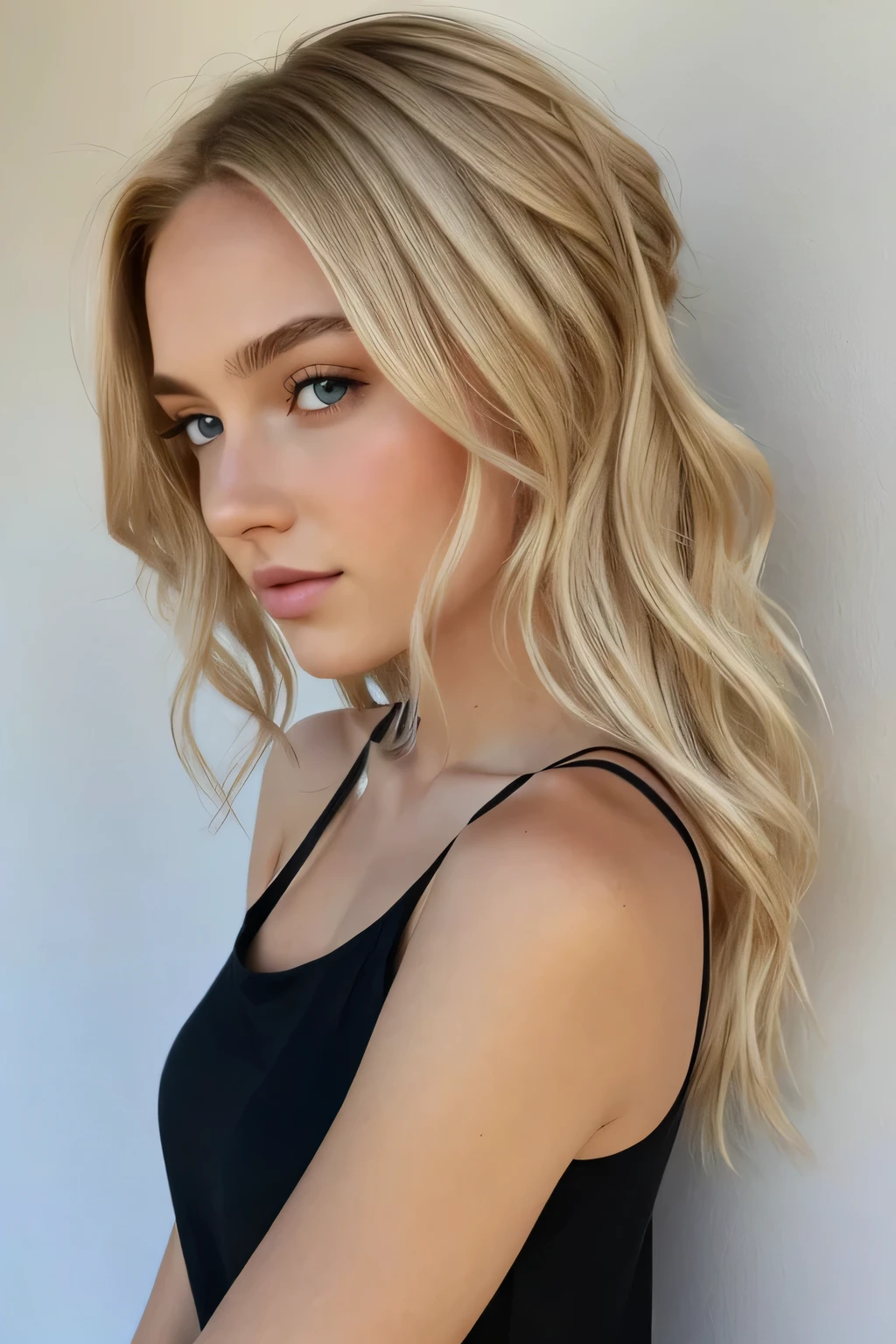 1 fille dans, 19 ans, Seulement, cheveux longs, Colossal , regarder le spectateur, cheveux blond, ???? shoulders, yeux marrons, bijoux, tout le corps, un collier, off the shoulders, Chandails, Realistic, Un ????