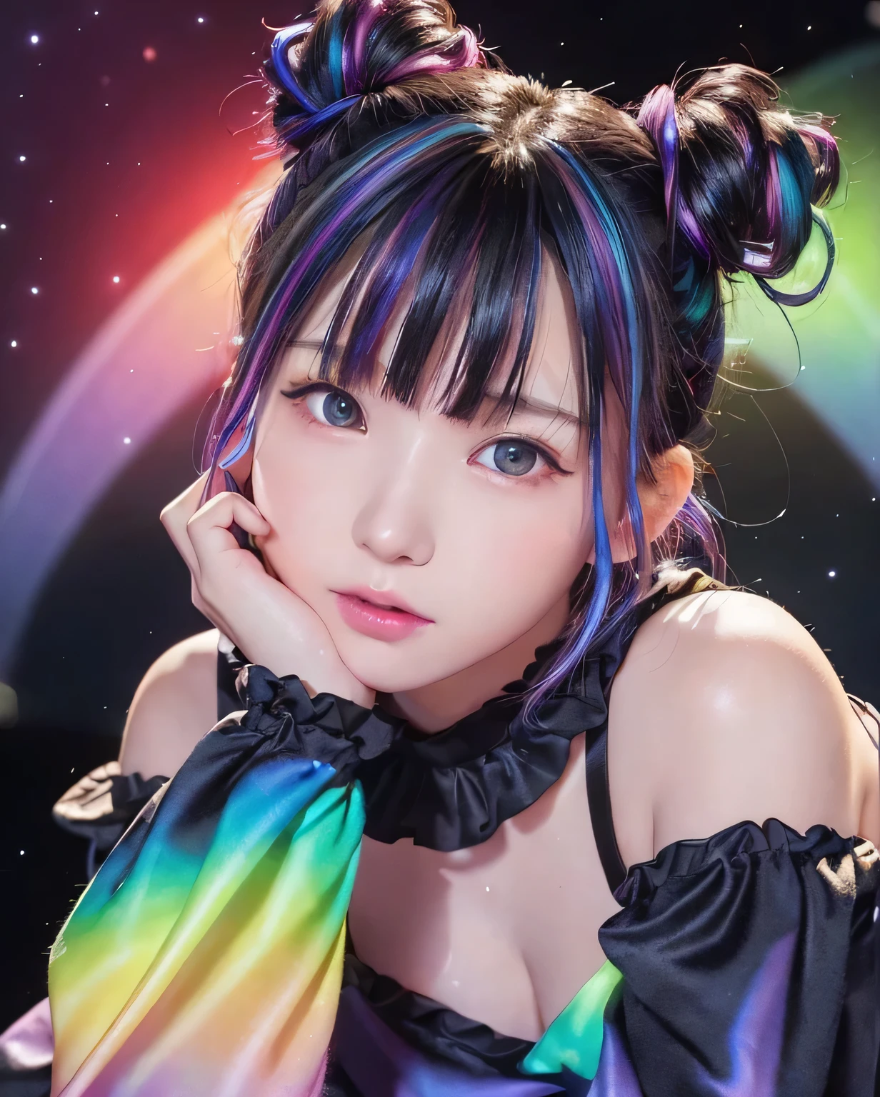 (Luminous and colorful lighting setup for model photography:1.25)、8K、highest quality、1 Girl、(************)、(Face shot close up:1.3)、、Flat Body、cute、Beautiful photorealistic、High resolution、Perfect lighting and shadows、((Look at the viewers))、、(((night)))、(Moe sleeves:1.5)、Twin tails、(Rainbow Color Hair:1.34)、(Black light:1.23)