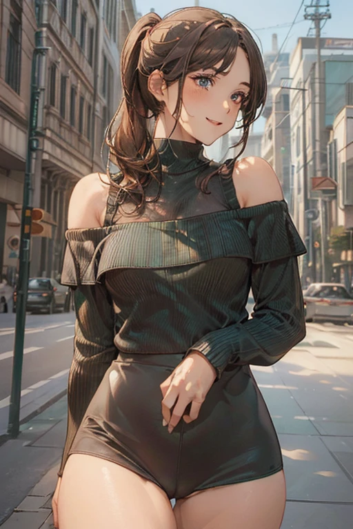 (masterpiece:1.2, top-quality), (realistic, photorealistic:1.4), beautiful illustration, (natural side lighting, movie lighting),
looking away, (face focus, upper body, from below), 1 girl, japanese, high school girl, , perfect face, perfect body, cute and symmetrical face, shiny skin, babyface, tiny,
(short hair:1.5, (low ponytail):1.6, long sideburns, light brown hair), asymmetrical bangs, dark blue eyes, big eyes, drooping eyes, (middle breasts, seductive thighs, big ass),
beautiful hair, beautiful face, beautiful detailed eyes, beautiful clavicle, beautiful body, beautiful chest, beautiful thigh, beautiful legs, beautiful fingers,
(((off-shoulder dug-egg-green sweater), sleeveless black turtleneck sweater, brown tight mini skirt, ), emerald green hair ribbon),
(beautiful scenery), evening, (street), standing, (lovely smile, upper eyes, open mouth),