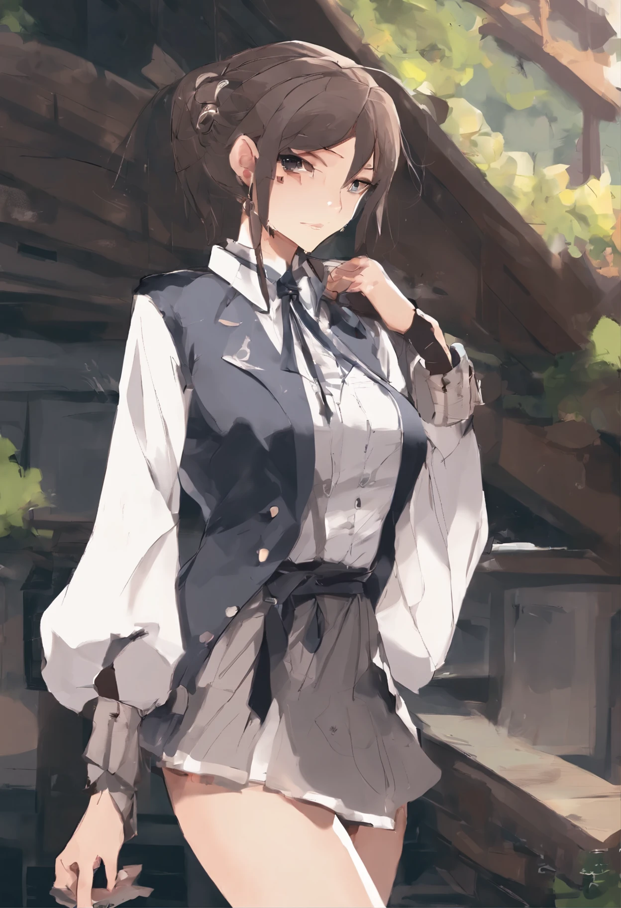 Ambiguity and elegance, Model, Need high contrast, jewelry, earrings, miniskirt, shirt, jacket, Brown hair, White shirt, A bracelet, Hair Bun, single Hair Bun, Long skirt, Shut up, 环形earrings, blue jacket, Roll up your sleeves, Revealing clothes, cosmetic, White skirt
