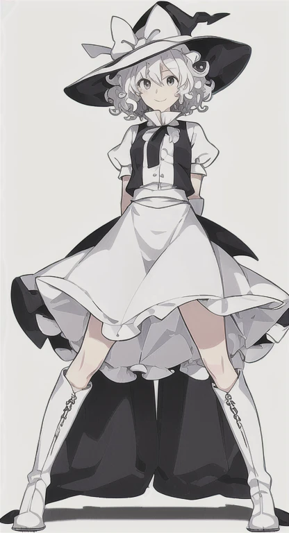 (((simple background,white background))),masterpiece, best quality,extremely detailed CG unity 8k wallpaper,  illustration,(((official art))), (((colorful))),touhou,extremely delicate and beautiful girls,looking at viewer,arms behind back,solo,full body, 1girl,  [Alice Margatroid|Kirisame Marisa],short hair,curly hair,grey eyes,Witch hat ,boots,light smile,white hair