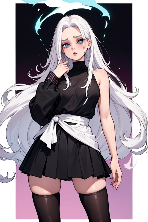 22 year old girl white skin almost talk white hair pink at the ends extremely long hair tight black pantyhose black sneakers white hair, cabelo entre os olhos, cabelo branco, boca fechada, franja, messy hair formal skirt model pose