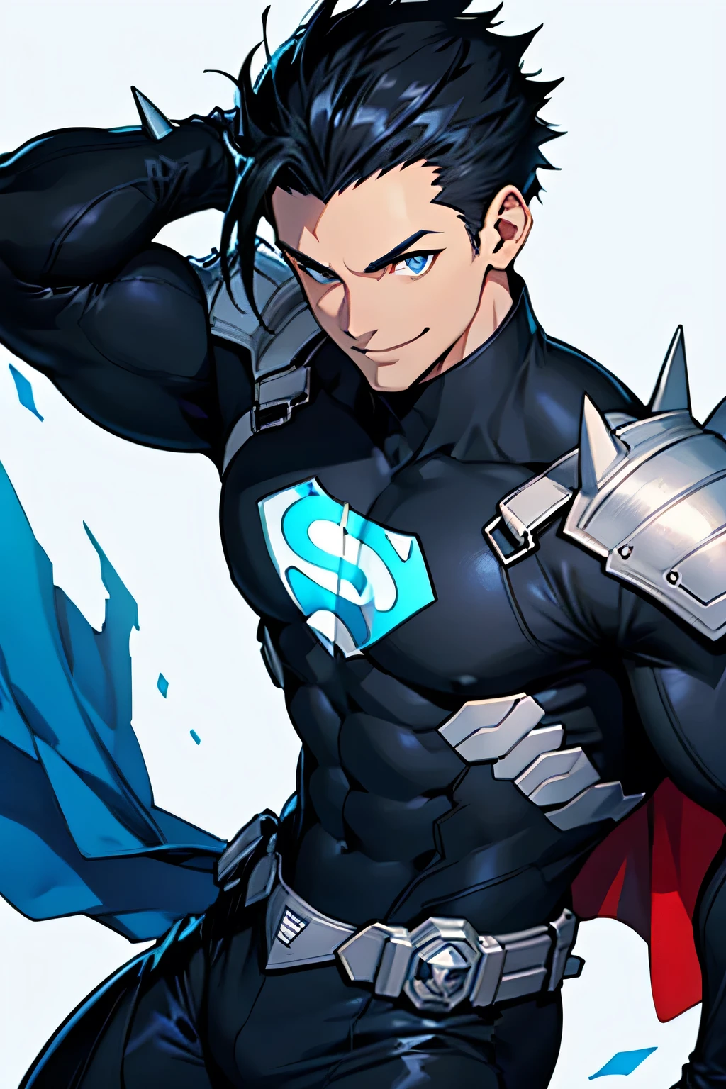 man, white skin, smile, strong, black spiky hair, anime style, style, superhero costume, blue eyes