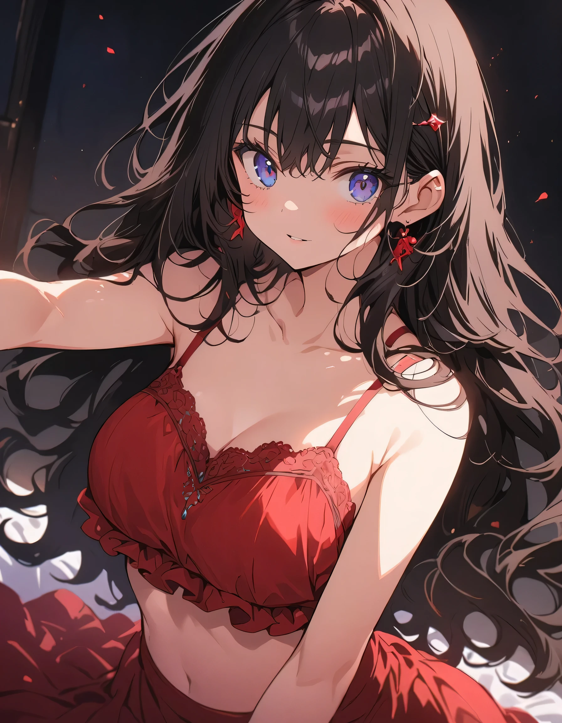 One beautiful woman、(Wearing red sexy lingerie:1.2、valley、Thighs)、Hot and beautiful posing model, Full Body、Curly black hair, Dark blue eyes, Sensual look、Indoors at night、Lying on the bed、Background Blur、(highest quality、masterpiece、High resolution、detailed)、anime style、Flat Style、(Beautiful Eyes, Delicate and beautiful face、Glowing Skin), BREAK,extremely detailed、Cinematic lighting、High saturation,floating、Dynamic Angle、anime