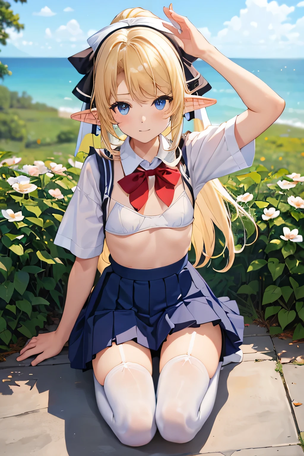 (masterpiece, best quality:1.2),illustration,8k,hd,1girl,solo,upper body,(portrait:1.2),small breasts, ((flat-chested:1.4),elf,pointy ears,very long hair,blond hair, skirt,bow,pleated skirt,white shirt,red bowtie,short sleeves,ponytail,blue skirt,bangs,hair ribbon,collared shirt,parted bangs,white thighhighs,blue hair bow,blue eyes, (summer sailor uniform, serafuku, red ribbon tie, naby pleated micro skirt, celeste string panties), sitting, squatting, spreading legs, 