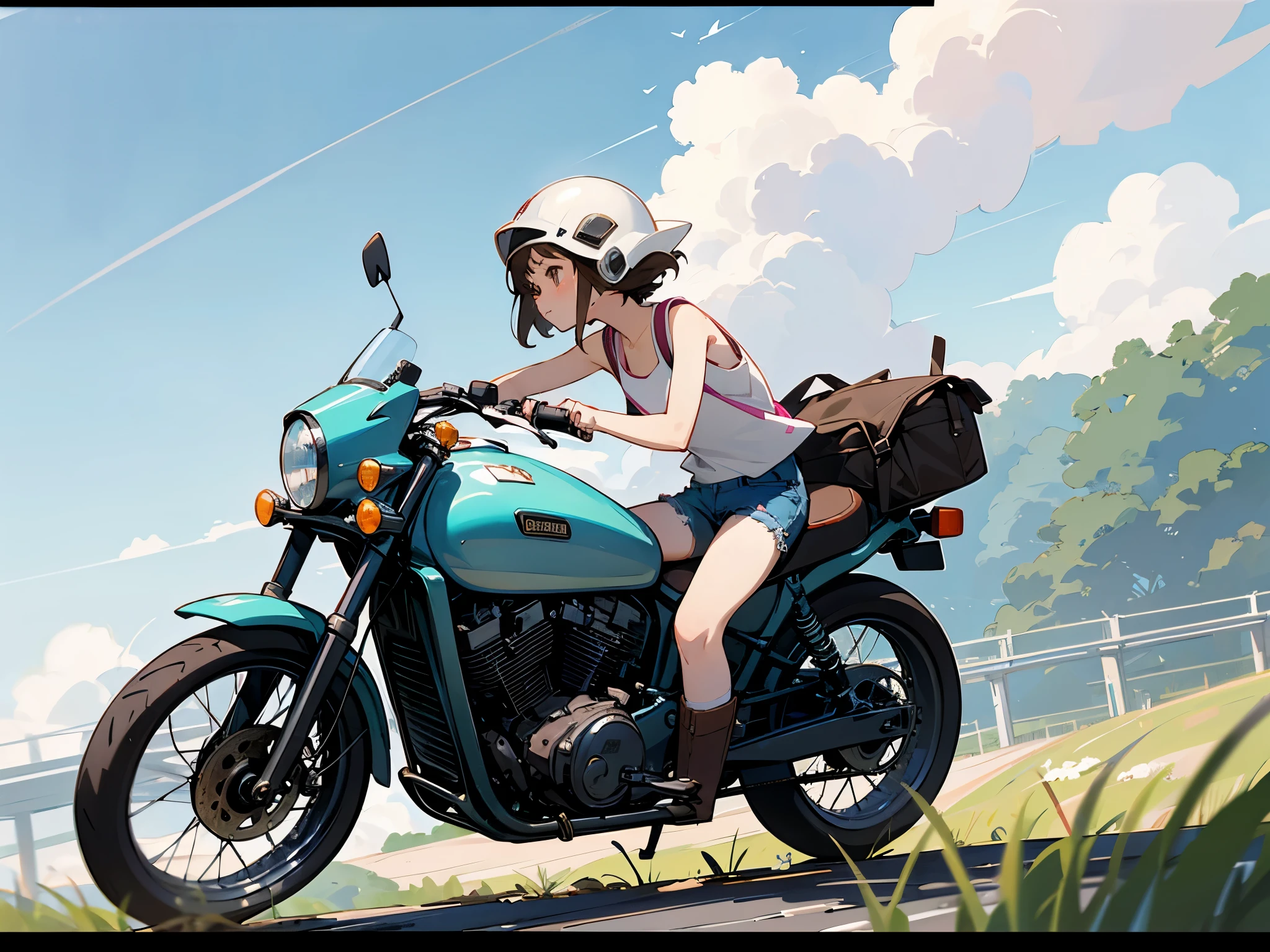 Highest quality、(One Girl Vintage_Riding a motorbike)、Dark brown short cut、He is wearing a jet helmet with white and black lines running down the center of the helmet from front to back.、White tank top、Pink riders jacket、Denim shorts、White knee-high socks、Brown work boots、Japanese countryside scenery、Road beside the stream、Small creek、Dirt Road、Weeds grow along the side of the road、Blue sky、White clouds floating、Early summer sky、