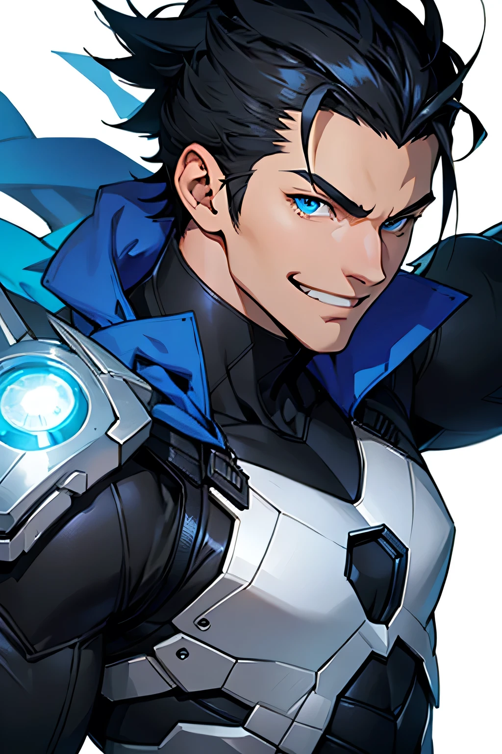 man, white skin, smile, strong, black spiky hair, anime style, style, superhero costume, blue eyes