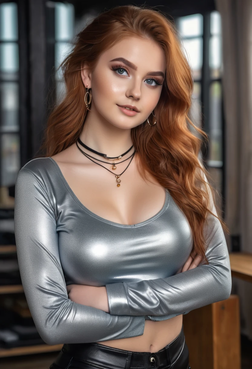 hyperrealistic beautiful busty 18-year-old women in shiny longsleeve croptop and leather leggins, model shooting full body photography, natural redhead very long messy hair, dark eye makeup with eyeliner, seductive smile, small necklace and earrings, 8K, best quality, Meisterwerk, ultra high resolution, (Realismus: 1.4), Originalfoto, (realistische Hautstruktur: 1.3), (Filmkorn: 1.3), (Selfie-Winkel), 1 girl, Beautiful round eyes and facial details, Meisterwerk, best quality