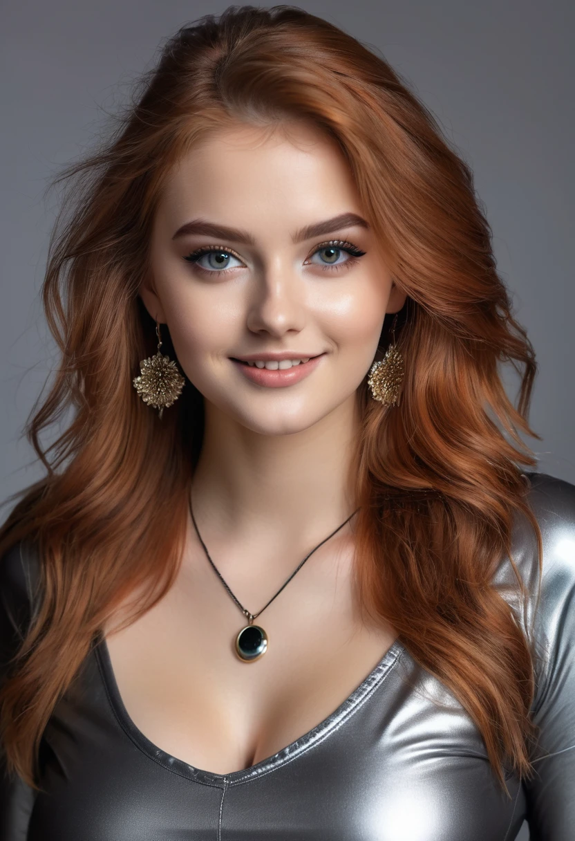 hyperrealistic beautiful busty 18-year-old women in shiny longsleeve croptop and leather leggins, model shooting full body photography, natural redhead very long messy hair, dark eye makeup with eyeliner, seductive smile, small necklace and earrings, 8K, best quality, Meisterwerk, ultra high resolution, (Realismus: 1.4), Originalfoto, (realistische Hautstruktur: 1.3), (Filmkorn: 1.3), (Selfie-Winkel), 1 girl, Beautiful round eyes and facial details, Meisterwerk, best quality