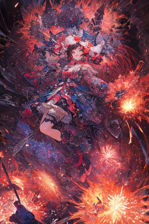 ((Fireworks Master)),Fireworks are the main composition，Fireworks display beyond imagination，innocent smiles、eye glass、Never seen、Seven colors,(1girl in, Solo:1.6),(Cute smile),(Clothes are simple), (Best Impact:1.5), (maximalism:1.7), Vivid contrast, (Realistic), hyperrealistic illustrations, hight resolution, ultra-detailliert, absurderes,(Fractal Art:1.3)、Random hairstyle、Random hair color colorful、FULL BODYSHOT、Retro、Precise focus、randome pose、cinema4d、Drama