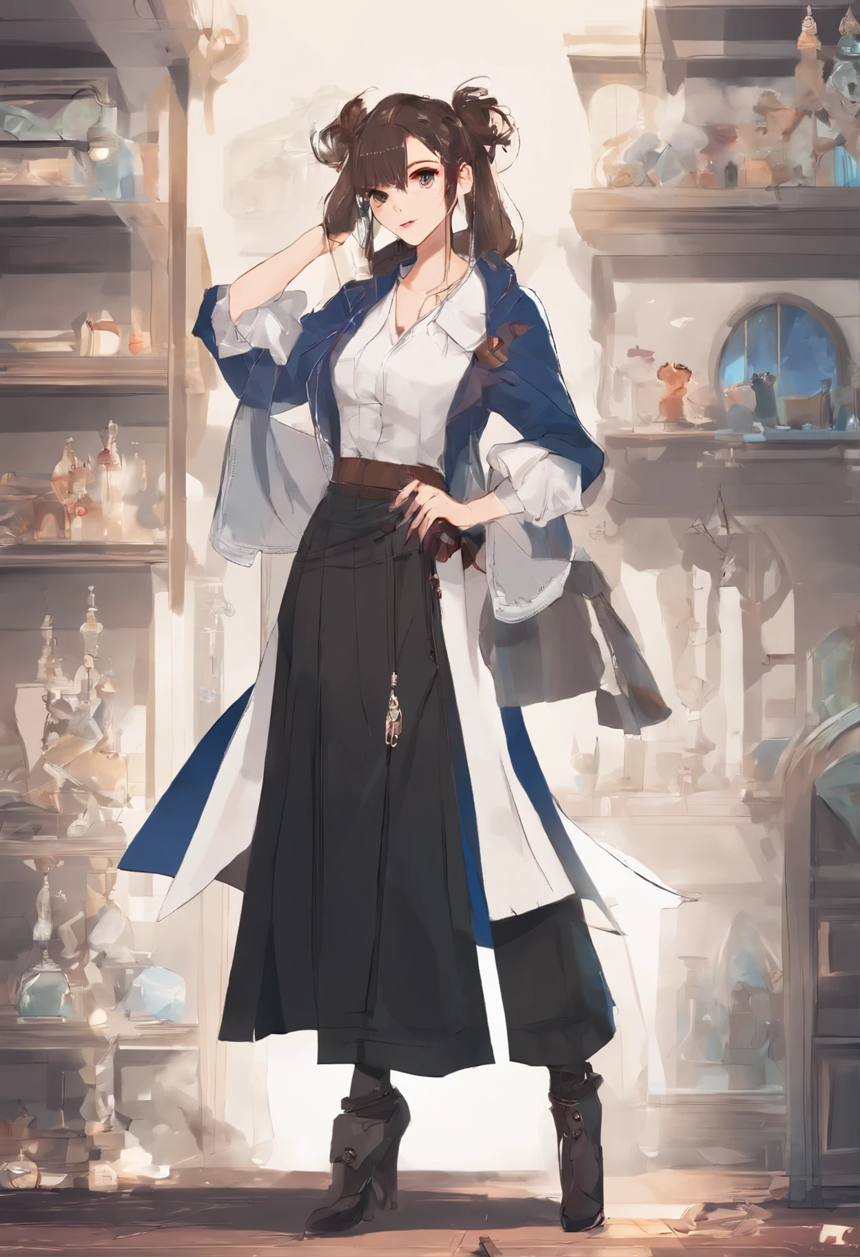 Ambiguity and elegance, Model, Need high contrast, jewelry, earrings, miniskirt, shirt, jacket, Brown hair, White shirt, A bracelet, Hair Bun, single Hair Bun, Long skirt, Shut up, 环形earrings, blue jacket, Roll up your sleeves, Revealing clothes, cosmetic, White skirt