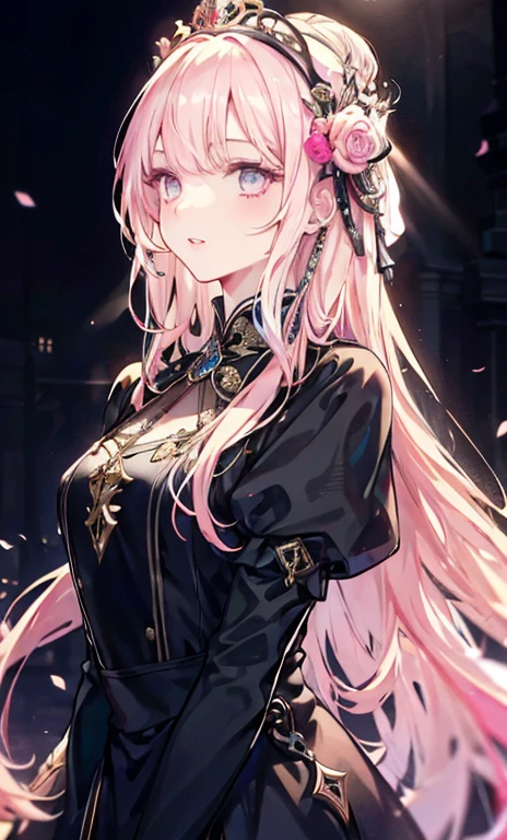meticulous portrayal of face,1 noblewoman,a matural female,Black dress long dress,(Pink White Long Hair),(dark night background+),Prom,Court etiquette, s the perfect face, Perfect lips, perfect eyes, Perfect background