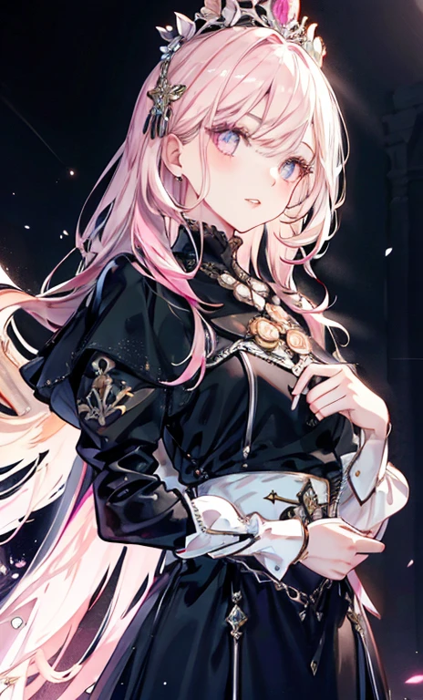 meticulous portrayal of face,1 noblewoman,a matural female,Black dress long dress,(Pink White Long Hair),(dark night background+),Prom,Court etiquette, s the perfect face, Perfect lips, perfect eyes, Perfect background