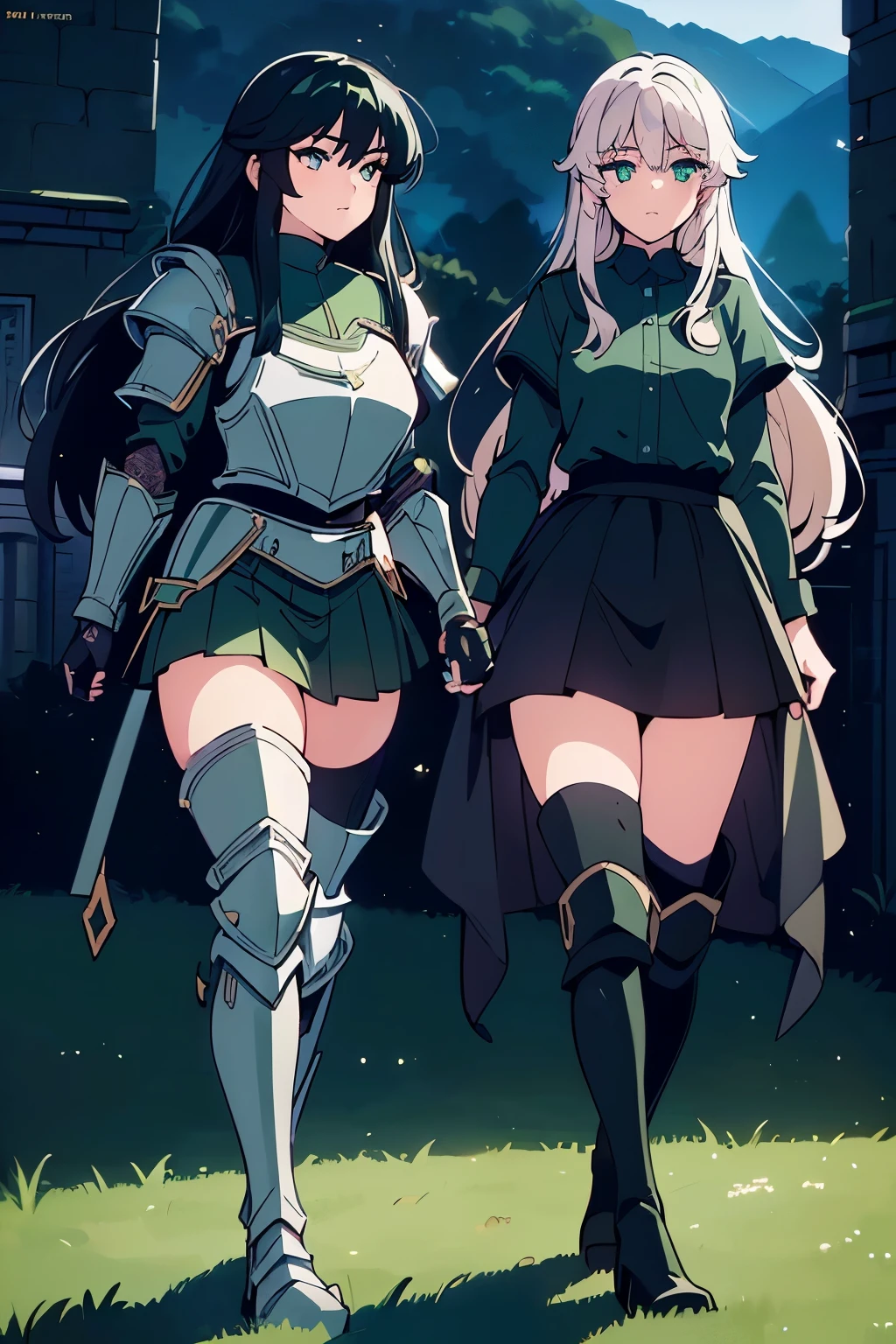 (((masterpiece))), (((best quality))), ((ultra-detailed)), (cinematic lighting), (illustration), (beautiful detailed eyes), (1girl), full body, space, knight, armour, light hair, walking, castle in background, best quality, expressive eyes, perfect face, Girl: (20s, black hair, long hair, dark green baggy shirt, armour, skirt, knee boots),