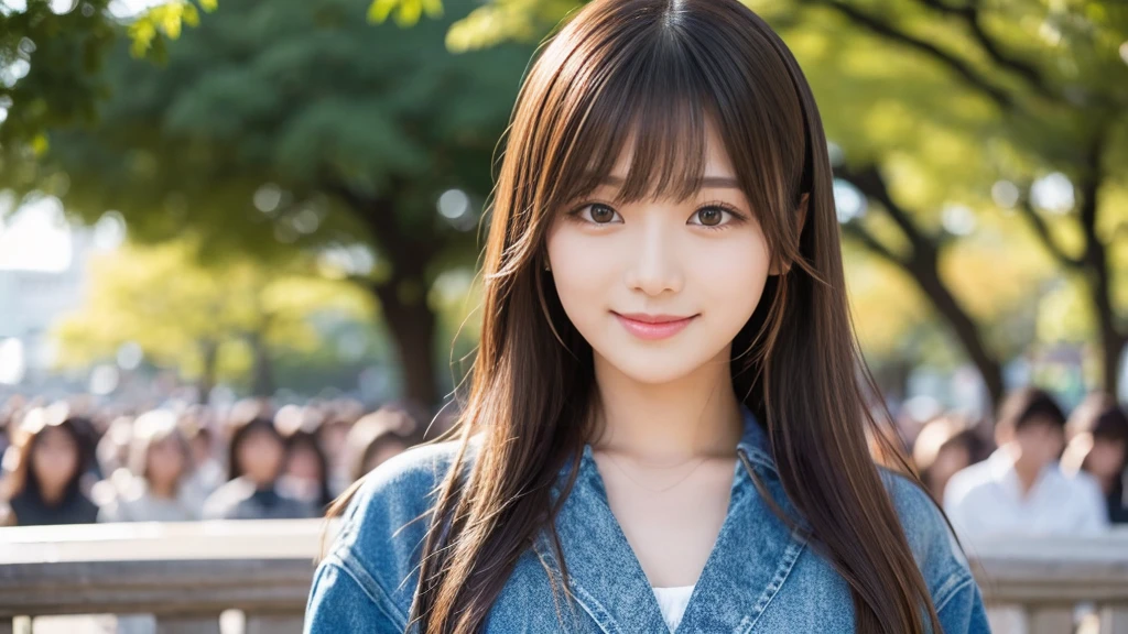 masterpiece、1 beautiful girl、Detailed eyes、Puffy eyes、highest quality, 超A high resolution, (reality: 1.4), Cinema Lighting、Japanese、Asian Beauty、so beautiful、Beautiful Skin、thin、Body facing forward、(超reality的な)、(High resolution)、(8k)、(Very detailed)、(beautiful Detailed eyess)、(Very detailed)、 (wall-)、Detailed face、Bright lighting、Professional Lighting、Looking at the audience、Look straight ahead、spring fashion、Long Hair, Asymmetrical bangs, 、Brown Hair、Japanese Idols、Korean Idols、Fiery idol pose、、23 years old、expensive, smile, Fukuoka City、Park scenery、