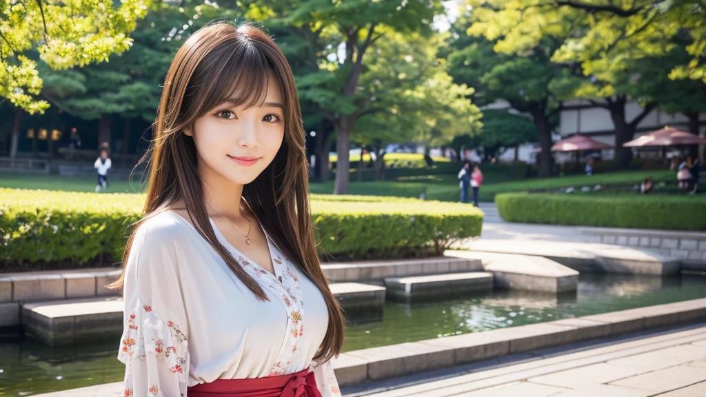 masterpiece、1 beautiful girl、Detailed eyes、Puffy eyes、highest quality, 超A high resolution, (reality: 1.4), Cinema Lighting、Japanese、Asian Beauty、so beautiful、Beautiful Skin、thin、Body facing forward、(超reality的な)、(High resolution)、(8k)、(Very detailed)、(beautiful Detailed eyess)、(Very detailed)、 (wall-)、Detailed face、Bright lighting、Professional Lighting、Looking at the audience、Look straight ahead、spring fashion、Long Hair, Asymmetrical bangs, 、Brown Hair、Japanese Idols、Korean Idols、Fiery idol pose、、23 years old、expensive, smile, Fukuoka City、Park scenery、