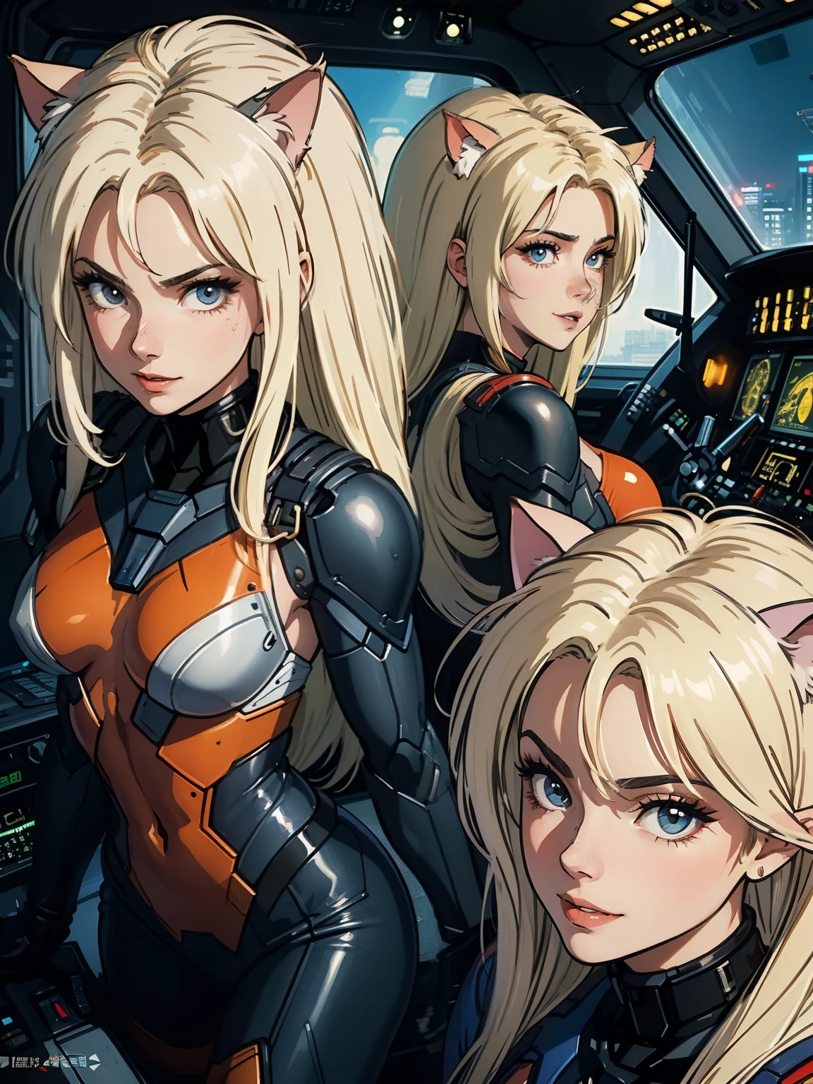 ((highest quality)), ((masterpiece)), (be familiar with), (High definition), 8K, Perfect Face、2Women、Two blonde women with cat ears、((Two people piloting a mobile suit in the cockpit))、Fearless smile、tall、2 Blonde cat ears、2. Long Hair、2. Volumetric hair style、Large Breasts、Narrow waist、Big Ass、glamorous、Alluring、protector、Armor、combat suit、Combat Boots、Armament、Cinematic、Best Shadow、Side lighting、NEO TOKYO、((pilot and gunnar))、(Close-up of face)