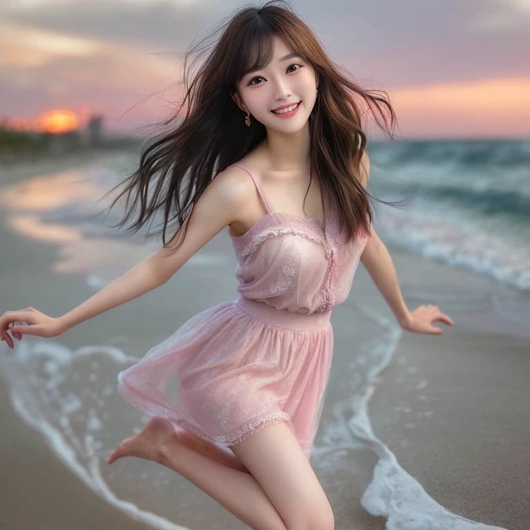Photo-realistic quality、A woman in her fifties wearing a sheer, pale pink lace dress and running on the beach with her arms outstretched, mini skirt、Beautiful cute, cute beautiful, Beautiful girl model, Cute Woman, Gorgeous Young Japanese Woman, Narrow waist, Beautiful model girl, Slim girl model photo, pretty girl, Beautiful and cute smile、Detailed and beautiful eyes、looking at the camera