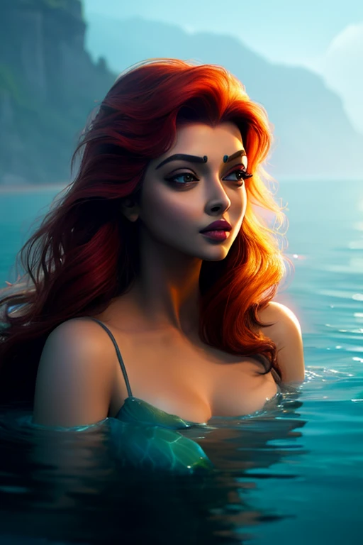 Beautiful ariel, feminine, detailed character illustration, fantasy, digital draw, 2d detailed illustration, dan mumford illustration of ariel the mermaid in ocean, aishwarya rai face, deepika padukone face, by dan mumford
