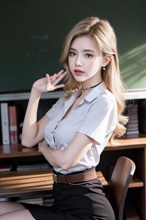 (Masterpiece, best quality, alone, รายละเอียดที่complicated, Chromatic aberration), realistic, ((Moderate breath)), hair in one eye,purple eyes, earring, sharp eyes, Jeweled choker, (symmetrical eyes),(Perfect symmetrical body),Photo of a beautiful 24 year old girl, Beautiful and charming with contemporary fashion paintings as well....., looking at the audience, ((in the classroom background)), (1 Teen Girl),(black short skirt), (white short sleeve, Form fitting shirt., Unbuttoning the buttons, Revealing a little breast.Worn with a blue short-sleeved lab coat..), ((A short black pencil skirt with a deep slit on the side...)), sugar belt, ((Put your hands down.)),Copper blonde hair, Bob, round chin, Art lens 85mm, Sharp focus, High resolution 8K, Crazy details, complicated, elegant,sitting on the study table Lift one leg to eye level.., legs slightly apart., dynamic gesture, ((Dress in sharp clothing., .))