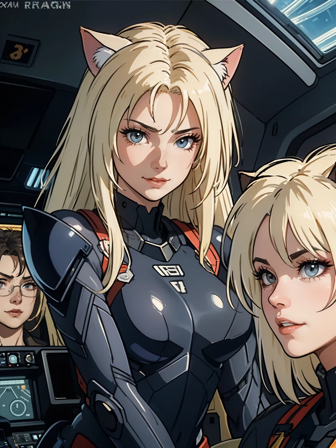 ((highest quality)), ((masterpiece)), (be familiar with), (High definition), 8K, Perfect Face、2Women、Two blonde women with cat ears、((Two people piloting a mobile suit in the cockpit))、Fearless smile、tall、2 Blonde cat ears、2. Long Hair、2. Volumetric hair style、Large Breasts、Narrow waist、Big Ass、glamorous、Alluring、protector、Armor、combat suit、Combat Boots、Armament、Cinematic、Best Shadow、Side lighting、NEO TOKYO、((pilot and gunnar))、(Close-up of face)