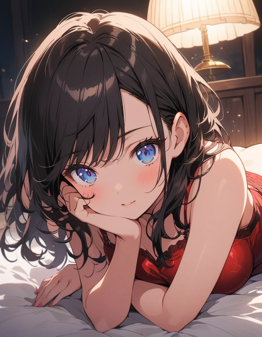 One beautiful woman、(Wearing red sexy lingerie:1.2、valley、Thighs)、Hot and beautiful posing model, Full Body、Curly black hair, Dark blue eyes, Sensual look、Indoors at night、Lying on the bed、Background Blur、(highest quality、masterpiece、High resolution、detailed)、animeスタイル、Flat Style、(Beautiful Eyes, Delicate and beautiful face、Glowing Skin),  BREAK,extremely detailed、Cinematic lighting、High saturation,floating、Dynamic Angle、anime