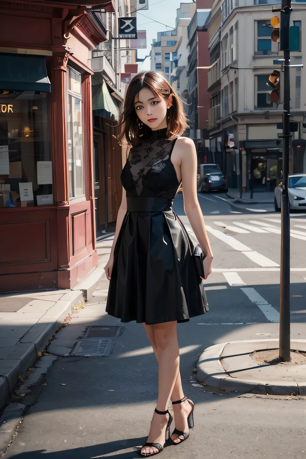 With strobe lighting、Dramatic shadows and highlights、Create an image with a sense of depth and three-dimensionality,best quality, masterpiece, ultra high res, (photorealistic:1.4),a girl wearing high heels,(street:1.5)