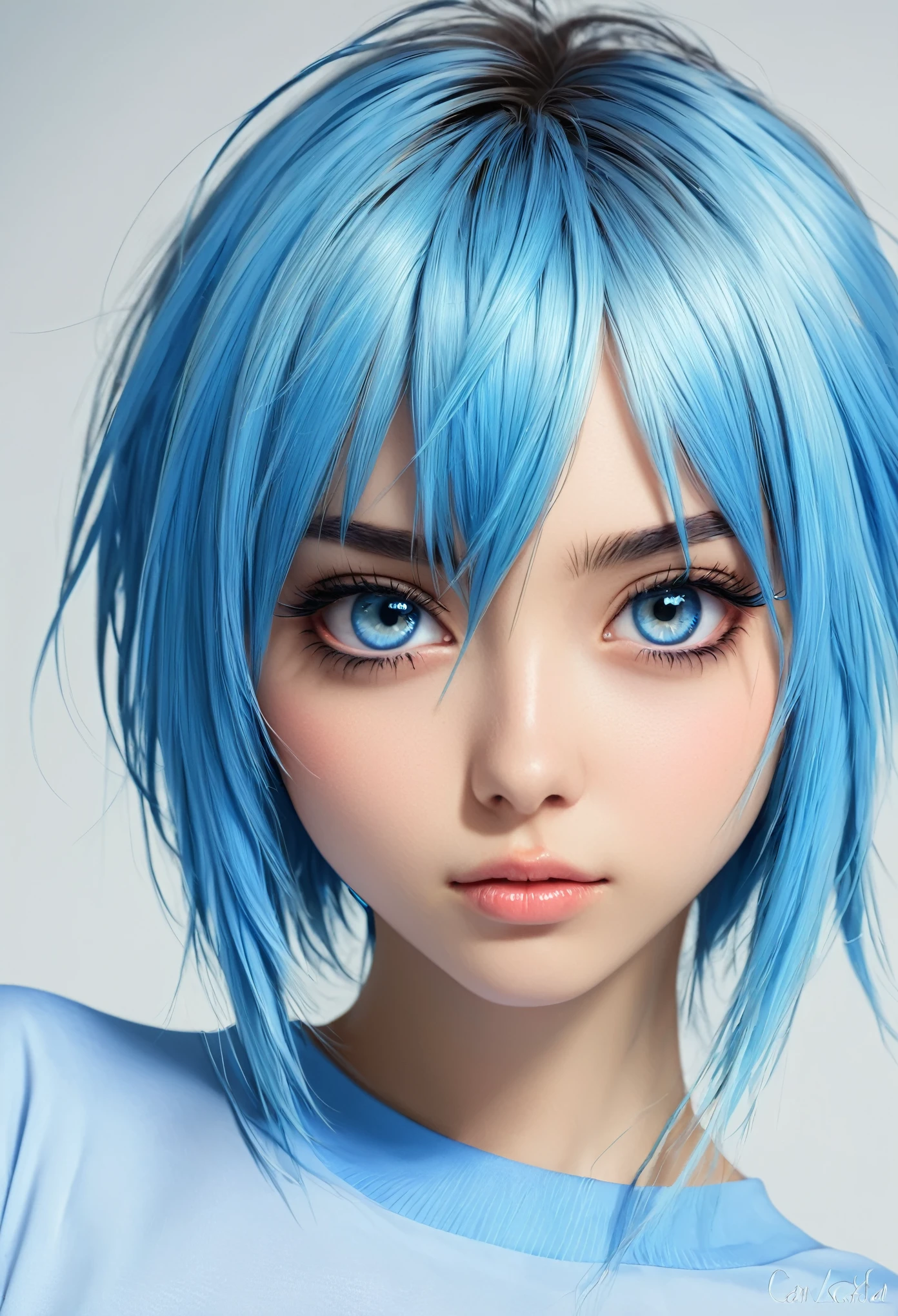 Chica anime, hermosa, pelo corto y azul, ojos claros, cara agitada, fondo medio pixelado, contenido exquisito, ropa ajustada