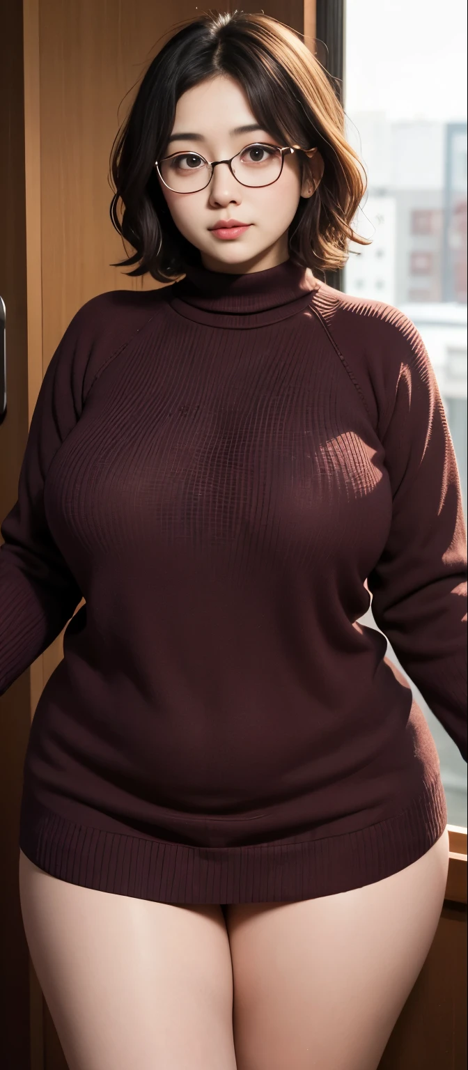 (Best quality,8k,ultra high res:1.2),(Pretty Japanese girl),(Huge breasts:0.8),(dark maroon sweater), (thick thighs:0.9), (obese body), (glasses), (SFW), (fat thighs:0.9), (short wavy hair ), wavy short hair , thick cheeks , thick thighs  