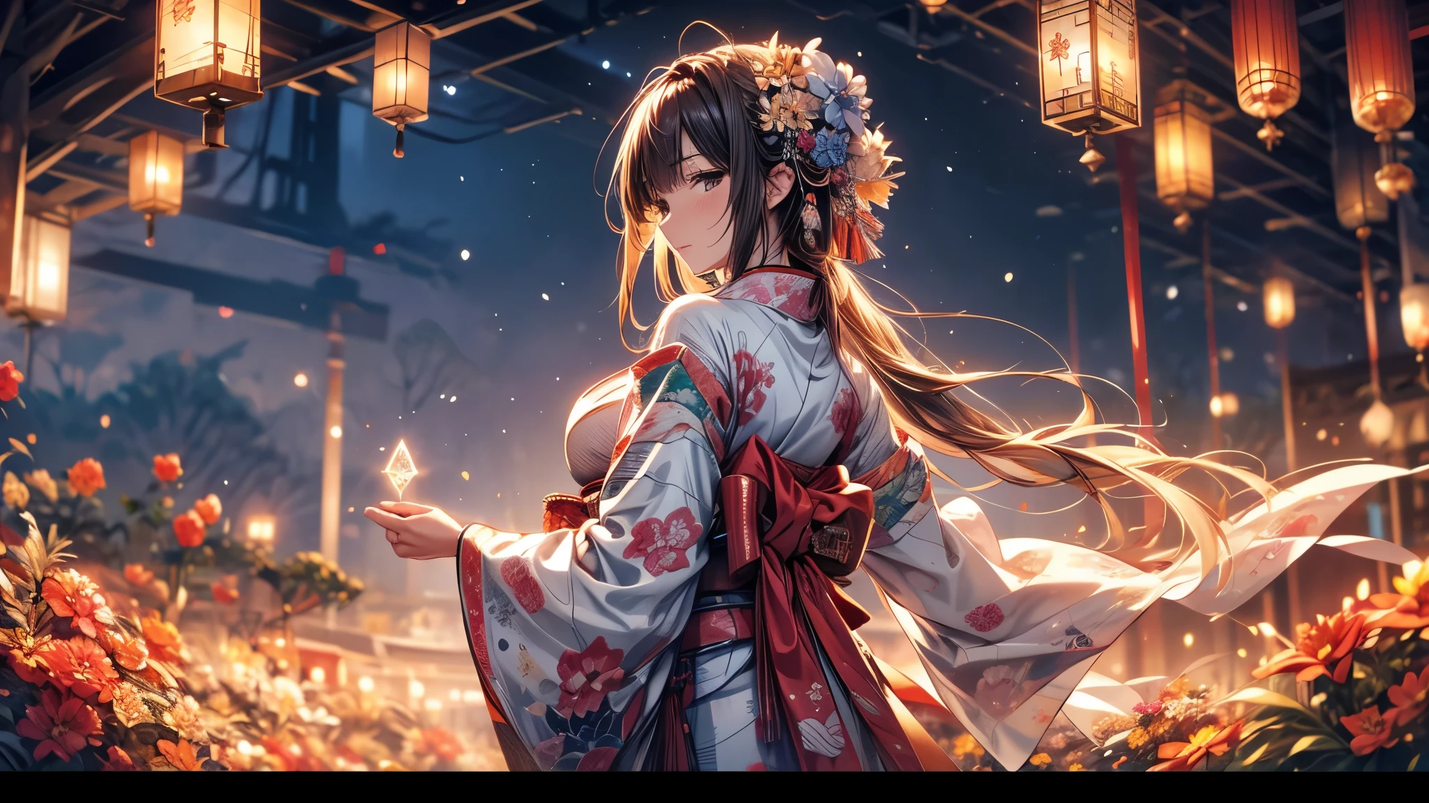  Ultra-delicate, Clear focus, (high resolution), Deformed depth of field blurred background, Detailed background, Perfect layer cutting, Atmospheric distance sense, artistic, (full-body shot/Cowboy shooting/Rear view/Top view/Top view), 8K, wallpaper, Micro light, complicated, familiar, black magician, particle, constellation, Stardust, universe, ((flower)), comfortable peace, peaceful, Japan, Himiko, kimono, With crystal, Fortune Telling, time and space,