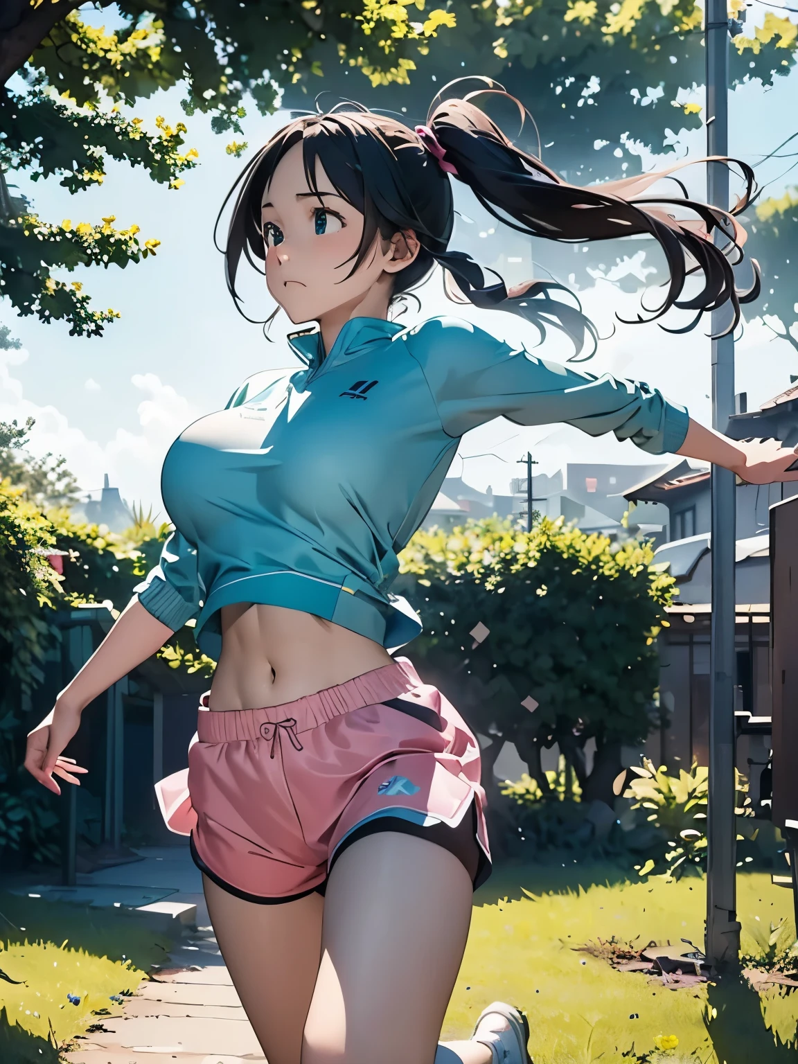 (masterpiece、highest quality、highest quality、Official Art、Beautiful and beautiful:1.2)、(One girl:1.3)Hatsune Miku、Twin tails,Big Breasts,1 girl, alone, running, Grey Track Top, Pink shorts, ponytail, Athletic build, Dynamic brushwork, Fluid movement, Capture the essence of her athleticism and energy, Use bright and soft colors、Creates a dreamy and fantastical atmosphere, portraying the motion and grace of running, showing the wind blowing her ponytail and clothes, And the surrounding landscape.

Outdoor, Detailed Background, Modern metropolis,