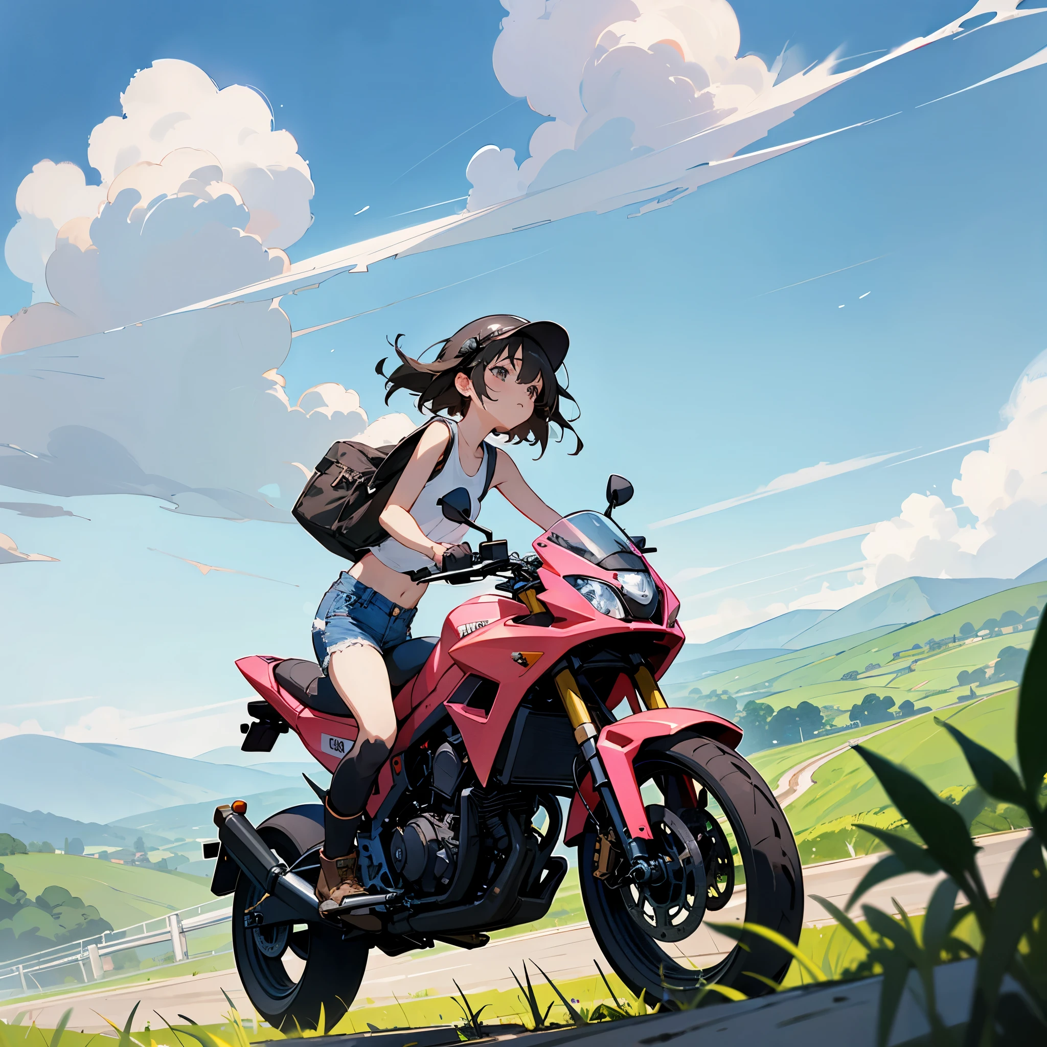 Highest quality、A girl is riding a motorbike、Dark brown short cut、He is wearing a jet helmet with white and black lines running down the center of the helmet from front to back.、White tank top、Pink riders jacket、Denim shorts、White knee-high socks、Brown work boots、Japanese countryside scenery、Road beside the stream、Small creek、Dirt Road、Weeds grow along the side of the road、Blue sky、White clouds floating、Early summer sky、