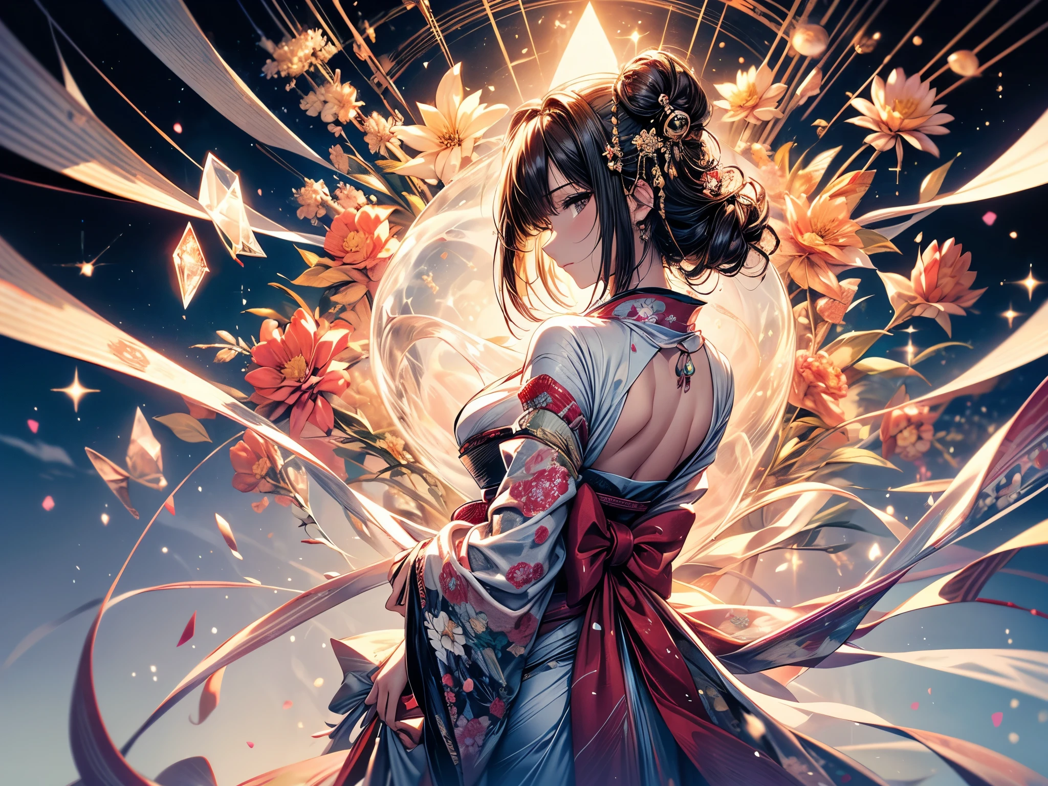Ultra-delicate, Clear focus, (high resolution), Deformed depth of field blurred background, Detailed background, Perfect layer cutting, Atmospheric distance sense, artistic, (full-body shot/Cowboy shooting/Rear view/Top view/Top view), 8K, wallpaper, Micro light, complicated, familiar, black magician, particle, constellation, Stardust, universe, ((flower)), comfortable peace, peaceful, Japan, Himiko, kimono, With crystal, Fortune Telling, time and space,