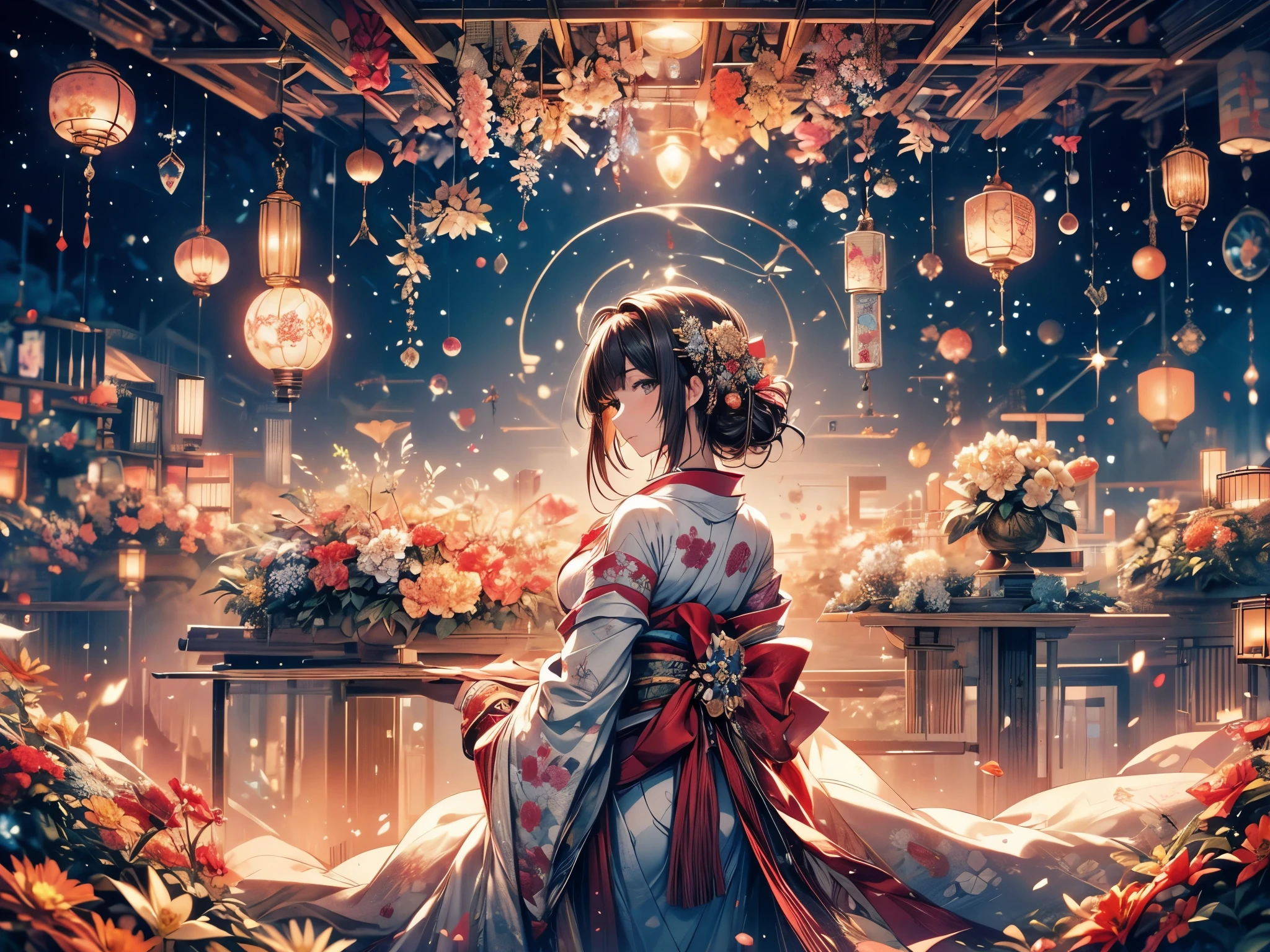 Ultra-delicate, Clear focus, (high resolution), Deformed depth of field blurred background, Detailed background, Perfect layer cutting, Atmospheric distance sense, artistic, (full-body shot/Cowboy shooting/Rear view/Top view/Top view), 8K, wallpaper, Micro light, complicated, familiar, black magician, particle, constellation, Stardust, universe, ((flower)), comfortable peace, peaceful, Japan, Himiko, kimono, With crystal, Fortune Telling, time and space,