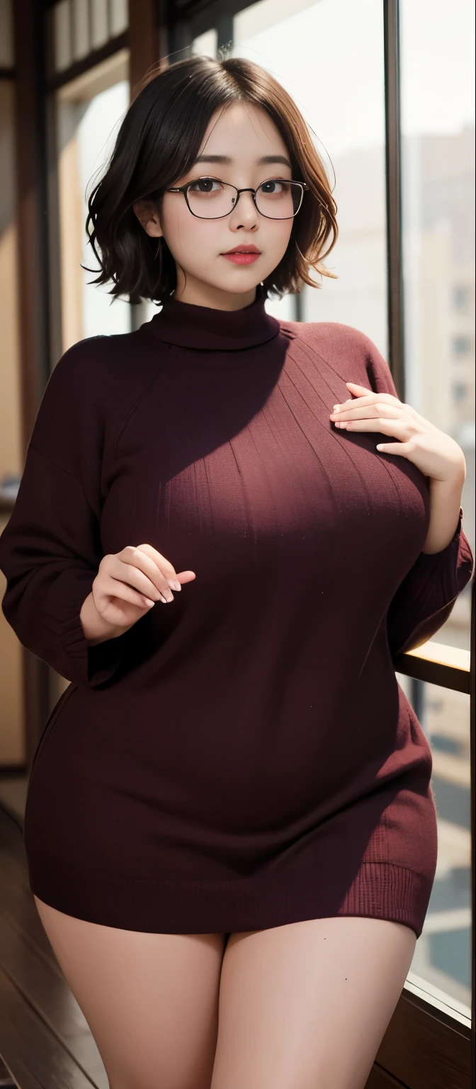 (Best quality,8k,ultra high res:1.2),(Pretty Japanese girl),(Huge breasts:0.8),(dark maroon sweater), (thick thighs:0.9), (obese body), (glasses), (SFW), (fat thighs:0.9), (short wavy hair ), wavy short hair , thick cheeks , thick thighs