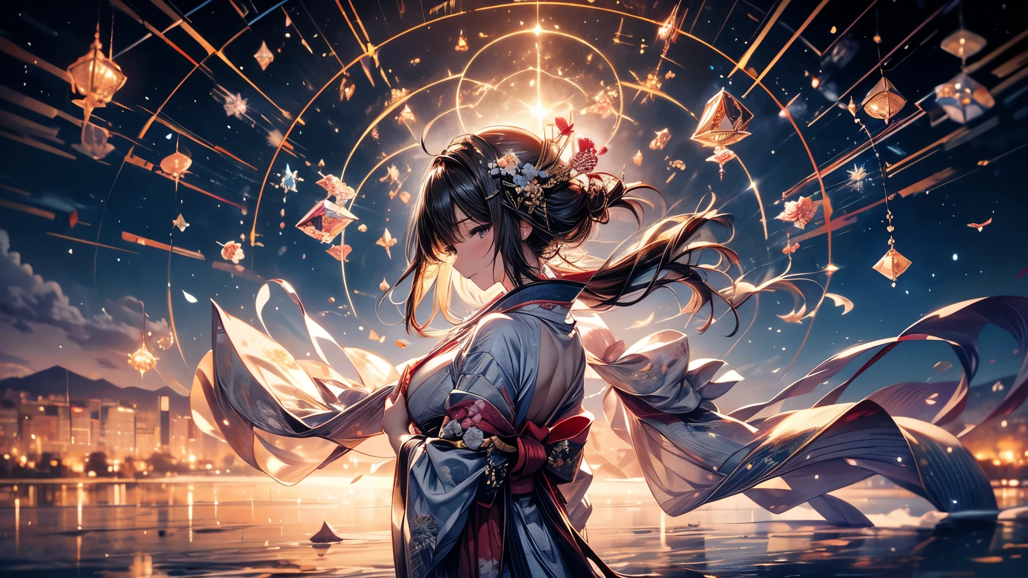  Ultra-delicate, Clear focus, (high resolution), Deformed depth of field blurred background, Detailed background, Perfect layer cutting, Atmospheric distance sense, artistic, (full-body shot/Cowboy shooting/Rear view/Top view/Top view), 8K, wallpaper, Micro light, complicated, familiar, black magician, particle, constellation, Stardust, universe, ((flower)), comfortable peace, peaceful, Japan, Himiko, kimono, With crystal, Fortune Telling, time and space,