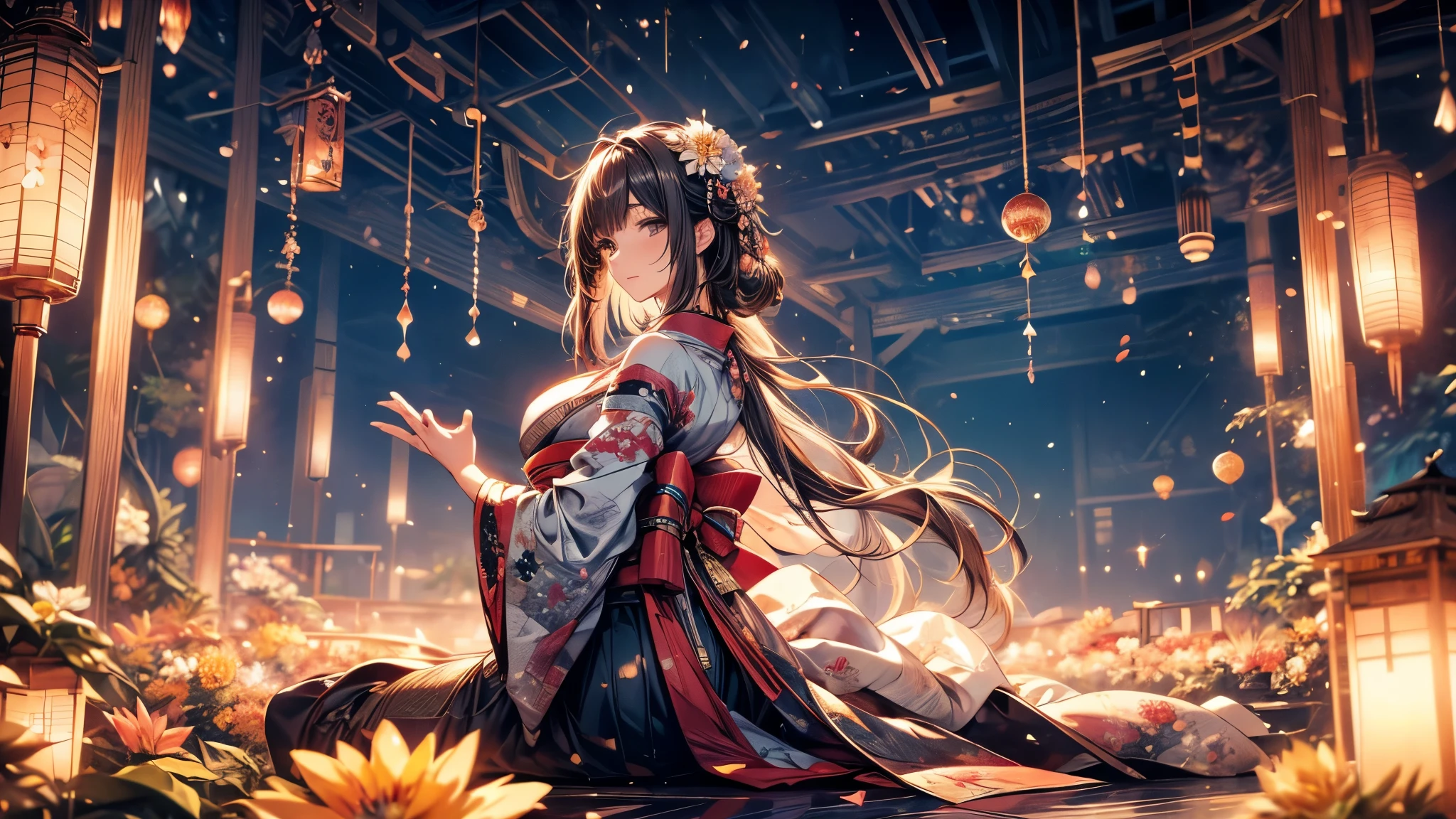  Ultra-delicate, Clear focus, (high resolution), Deformed depth of field blurred background, Detailed background, Perfect layer cutting, Atmospheric distance sense, artistic, (full-body shot/Cowboy shooting/Rear view/Top view/Top view), 8K, wallpaper, Micro light, complicated, familiar, black magician, particle, constellation, Stardust, universe, ((flower)), comfortable peace, peaceful, Japan, Himiko, kimono, With crystal, Fortune Telling, time and space,