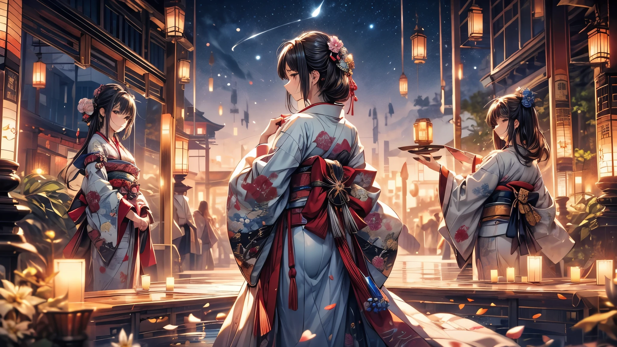 Ultra-delicate, Clear focus, (high resolution), Deformed depth of field blurred background, Detailed background, Perfect layer cutting, Atmospheric distance sense, artistic, (full-body shot/Cowboy shooting/Rear view/Top view/Top view), 8K, wallpaper, Micro light, complicated, familiar, black magician, particle, constellation, Stardust, universe, ((flower)), comfortable peace, peaceful, Japan, Himiko, kimono, With crystal, Fortune Telling, time and space,