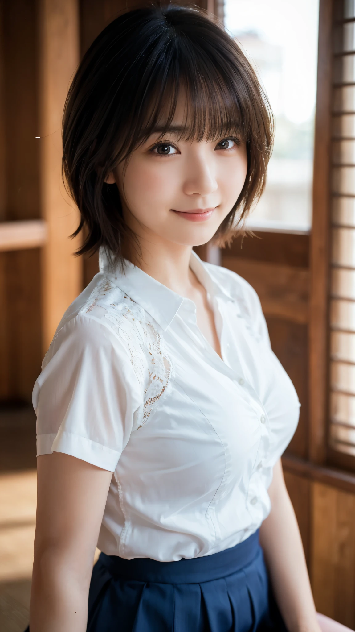 (highest quality,masterpiece:1.3,Ultra-high resolution),(Super detailed,Caustics,8k),(Photorealistic:1.4,RAW shooting),Japanese,23 years old,cute,Are standing,(Smiling and looking at the camera),Black Hair Middle Hair,Big Breasts,White blouse,Knee-length skirt,office Street,Low - Angle,Cowboy Shot,Face Focus,Face close up,Natural light