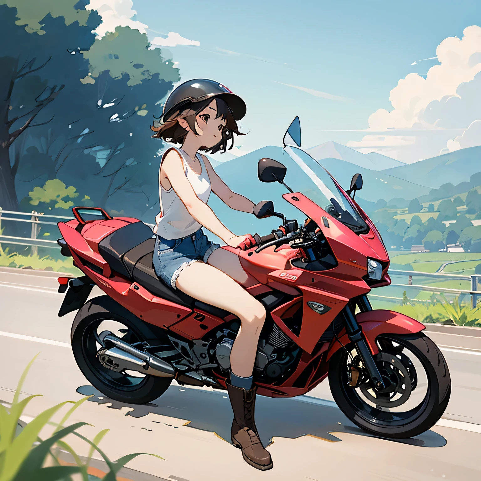 Highest quality、A girl is riding a motorbike、Dark brown short cut、He is wearing a jet helmet with white and black lines running down the center of the helmet from front to back.、White tank top、Pink riders jacket、Denim shorts、White knee-high socks、Brown work boots、Japanese countryside scenery、Road beside the stream、Small creek、Dirt Road、Weeds grow along the side of the road、Blue sky、White clouds floating、Early summer sky、