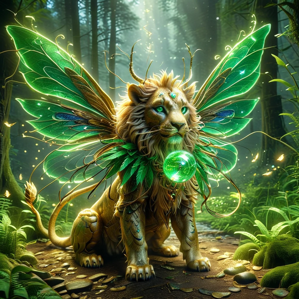 A fantastic, imaginary creature named Liom. This creature has the body of a lion, but instead of fur, its body is covered in luscious green leaves. It has a pair of dragonfly wings and can shine bright like a light bulb when it's dark. Its eyes are as clear as crystal balls, reflecting anything that is in front of it. Its roar sounds like the mixture of a lion's roar and the melodies of a beautiful song. It spends most of its time wandering around in deep forests, bathed in the glow of the forest under the shimmering moonlight.